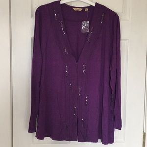 Purple long sleeve cardigan top with sequin detail